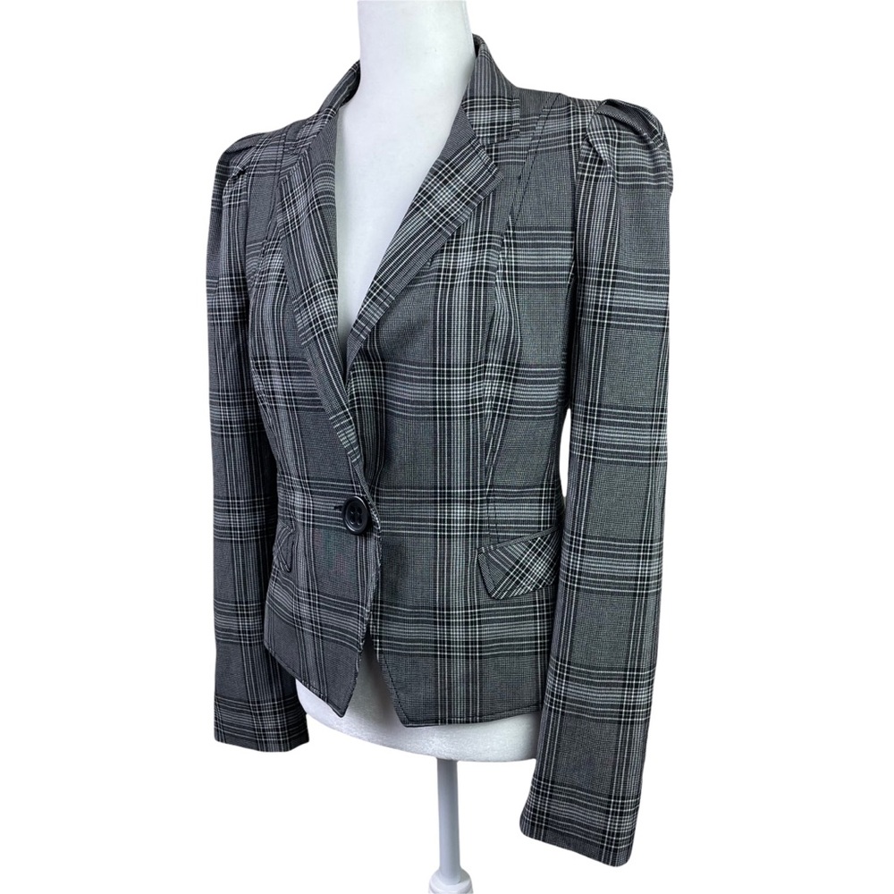 Express Design Studio Black White Plaid Fitted Blazer W/ Gathered Sleeves 8